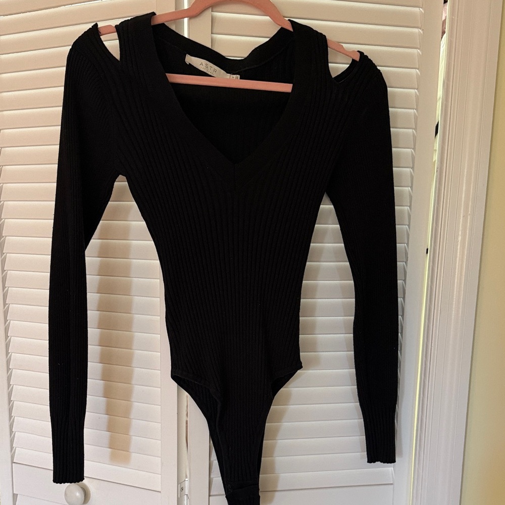 ASTER  Black Ribbed Bodysuit with Cut-Out Shoulders